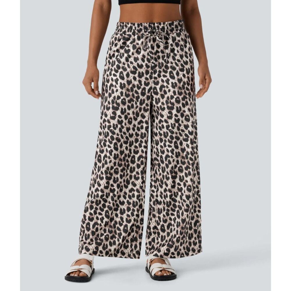 HALARA High Waisted Drawstring Gold Leopard Print Wide Leg Pants, NWT! Large